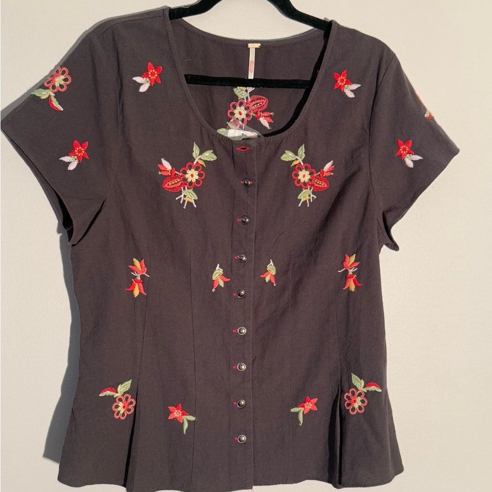 Free People Washed Black Button-Front Embroidered Floral Top
